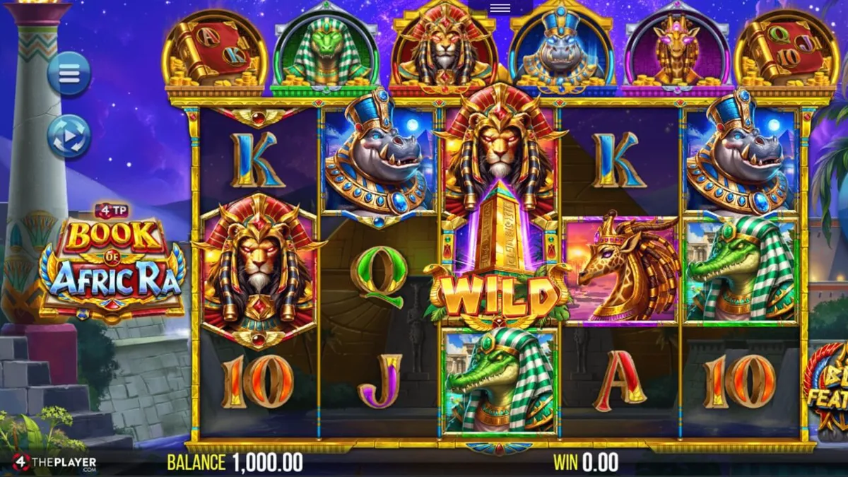 4TP Book of AfricRa slot game interface showing animal royalty symbols