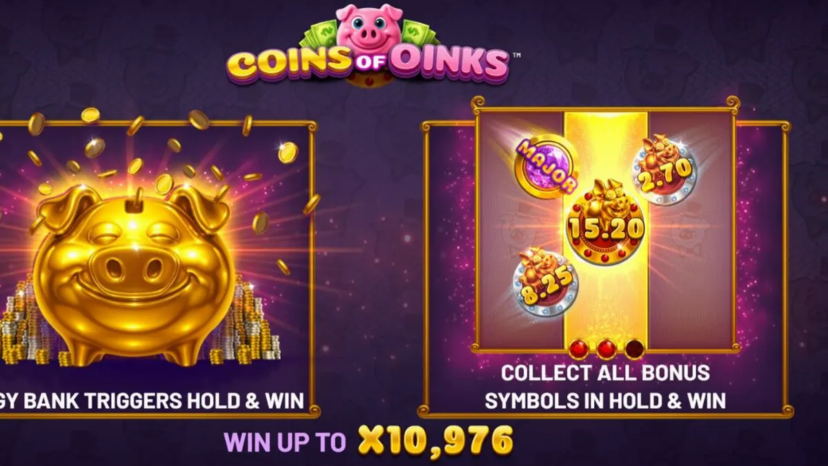 Tampilan visual mewah slot Coins of Oinks dengan tema babi kaya dan emas